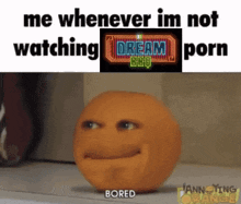 an orange with a face on it says bored in front of a dream bbq logo
