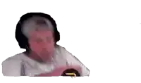 a blurry picture of a man wearing headphones and a white shirt with the letter m on it