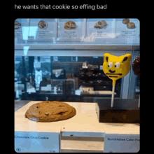 a chocolate chip cookie and a bumblebee cake pop are on display in a bakery