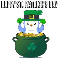 a penguin wearing a leprechaun hat is in a pot of gold