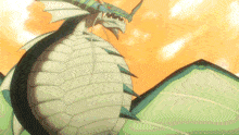 a large white dragon with green wings and a blue head