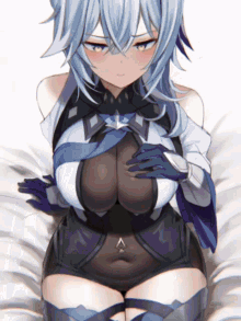 a girl with blue hair is laying on a bed with her hands on her breasts
