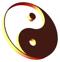 a black and white yin yang symbol with a yellow border