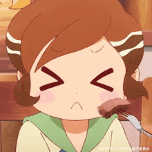 a cartoon girl is eating a piece of meat with a fork in her mouth