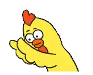 a cartoon chicken with big eyes and a red crest is pointing at something .