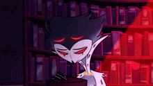 a cartoon character with red eyes is standing in front of a book shelf