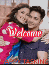 a picture of a man and a woman with the words welcome happy tasking