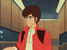 a man in a red jacket with the letter o on his chest