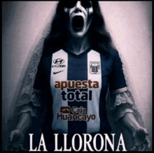 a woman with a screaming face is wearing a apuesta total jersey