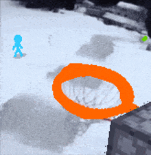 a pixel art drawing of a person in the snow with an orange circle in the middle