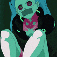 a girl with blue hair and purple eyes is sitting down with her mouth taped