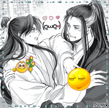 a black and white drawing of a couple with a yellow smiley face in the middle