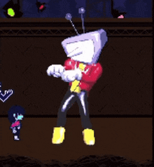 a pixel art of a man with a television head dancing