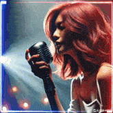 a woman with red hair singing into a microphone with kling written on the bottom right