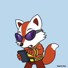 a cartoon of a fox holding a cell phone that says " open "