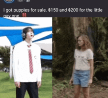 a man and a woman are standing next to each other with the man saying i got puppies for sale