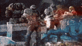 a group of soldiers are standing next to each other in a video game scene .