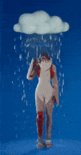 a woman holding an umbrella in the rain with a cloud above her head