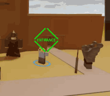 a cartoon character is standing in front of a sign that says entrance in a video game .