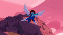 a cartoon character with wings is flying over a rocky hillside