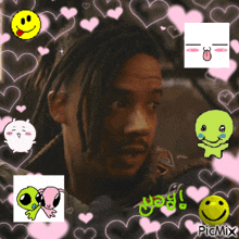 a man with dreadlocks is surrounded by hearts and smiley faces and says picmix