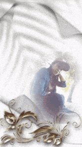 a picture of a woman sitting in front of a white cloth with gold swirls
