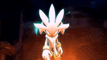 silver the hedgehog from the video game sonic the hedgehog stands in front of a dark background