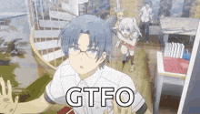 a boy with glasses is standing in front of a group of people and the word gtfo is on the bottom