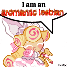 a picture of a fairy with a speech bubble that says i am an aromatic lesbian