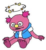 a pink sesame street character is sitting down with stars flying around his head