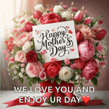 a bouquet of flowers with a card that says happy mother 's day on it