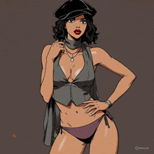a drawing of a woman wearing a hat and a necklace with meta ai written on the bottom