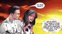a comic book scene with a speech bubble that says " so now what " and " we 've been out here a long time "