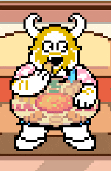 a pixel art drawing of a cartoon character with the letters gg on his head