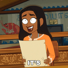 a cartoon woman is holding a piece of paper that says it 's on it