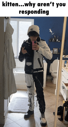 a person taking a selfie in front of a mirror with the caption " kitten why aren 't you responding "