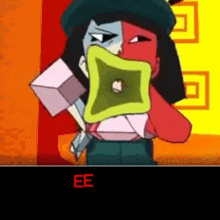 a cartoon character is holding a megaphone and a hammer in his mouth .