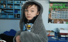 a young boy is wrapped in a blanket and wearing a hooded jacket .