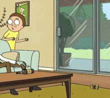 a cartoon of a man sitting on a couch looking out a window