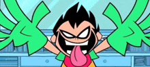 a cartoon character is sticking his tongue out and making a face .
