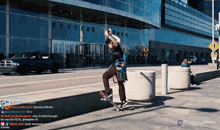 a man riding a skateboard in front of a building that says vegas