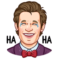 a cartoon of a man wearing a bow tie laughing with ha ha written on the bottom