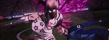 two soccer players are playing in front of a banner that says blue clock