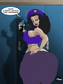 a cartoon drawing of a woman standing in front of lockers with a speech bubble that says whoa