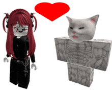 a red heart is above a white cat and a girl with red hair