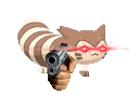 a person is pointing a gun at a cartoon squirrel with red eyes .