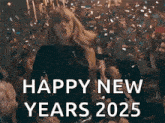 a woman is dancing in front of a crowd at a party and says happy new years 2025 .