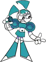 a cartoon character is holding a microphone and a globe in her hands .