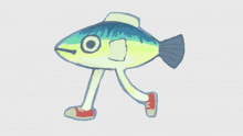 a cartoon drawing of a fish with arms and legs