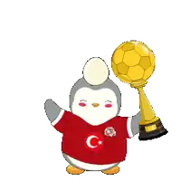 a cartoon penguin holding a trophy and a soccer ball on its head
